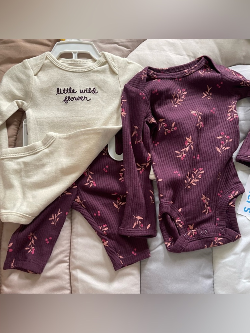 Carter's Newborn Little Wild Flower 3pc Outfit Bodysuit Pants Purple Ribbed X
